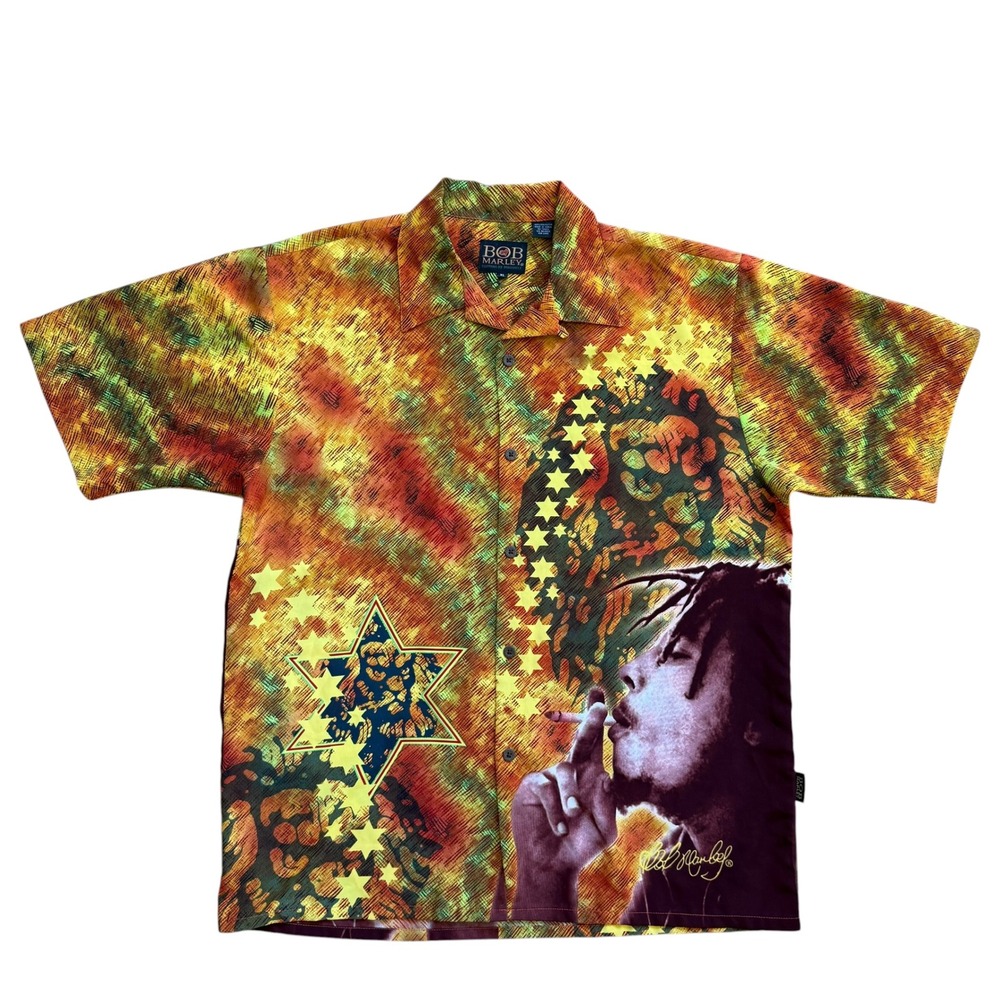 Bob Marley Dragonfly Shirt XL Orange Tie Dye Graphic Reggae Button Up Mens